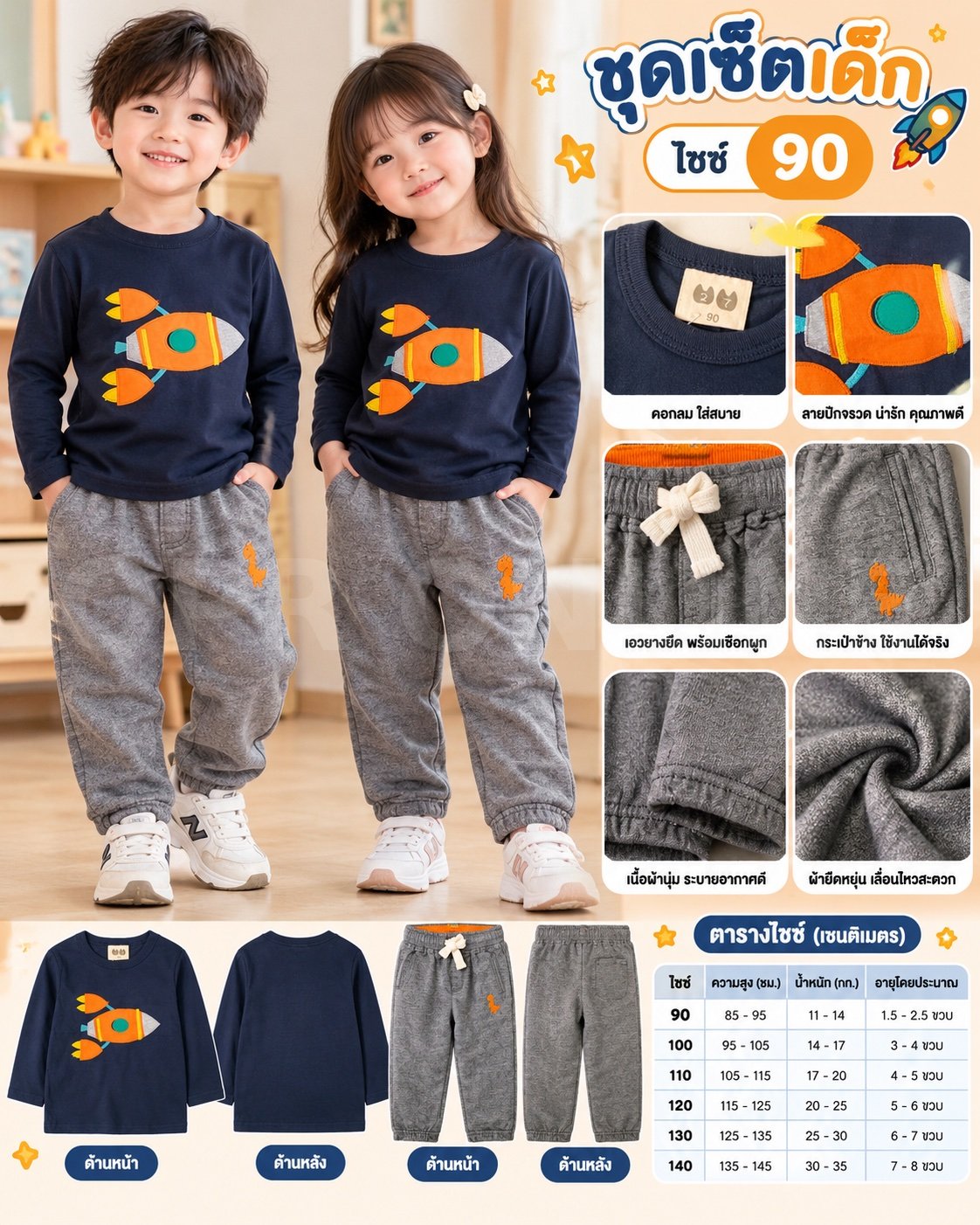 ชุด เซตเด็กเสื้อยืด + กางเกงเด็ก 2-3ขวบ size 90