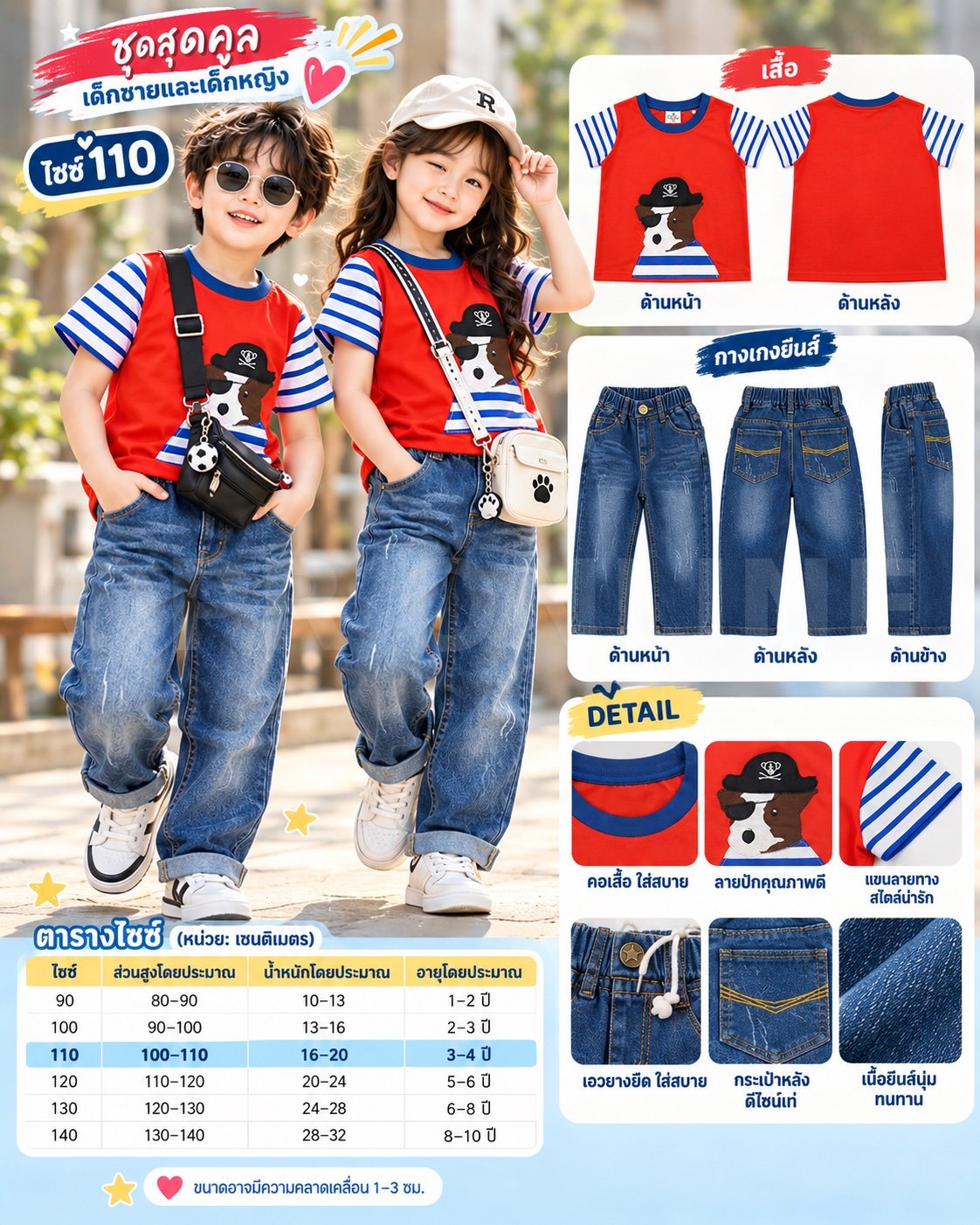 ชุด เซตเด็กเสื้อยืด + กางเกงยีนส์เด็ก 4-5 ขวบ size 110