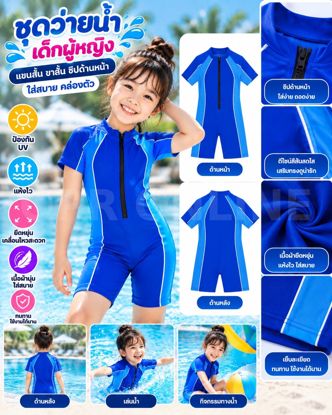 ชุดว่ายน้ำเด็ก ชิ้นเดียว Size S สีน้ำเงิน