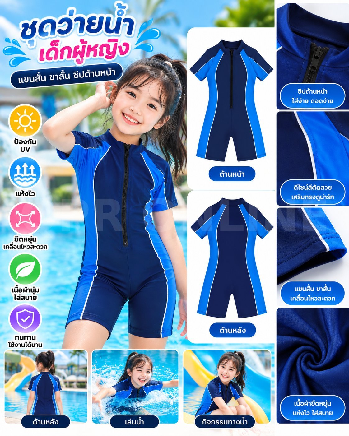 ชุดว่ายน้ำเด็ก หญิง ชิ้นเดียว มีฟองน้ำซับใน Size 20 น้ำเงิน