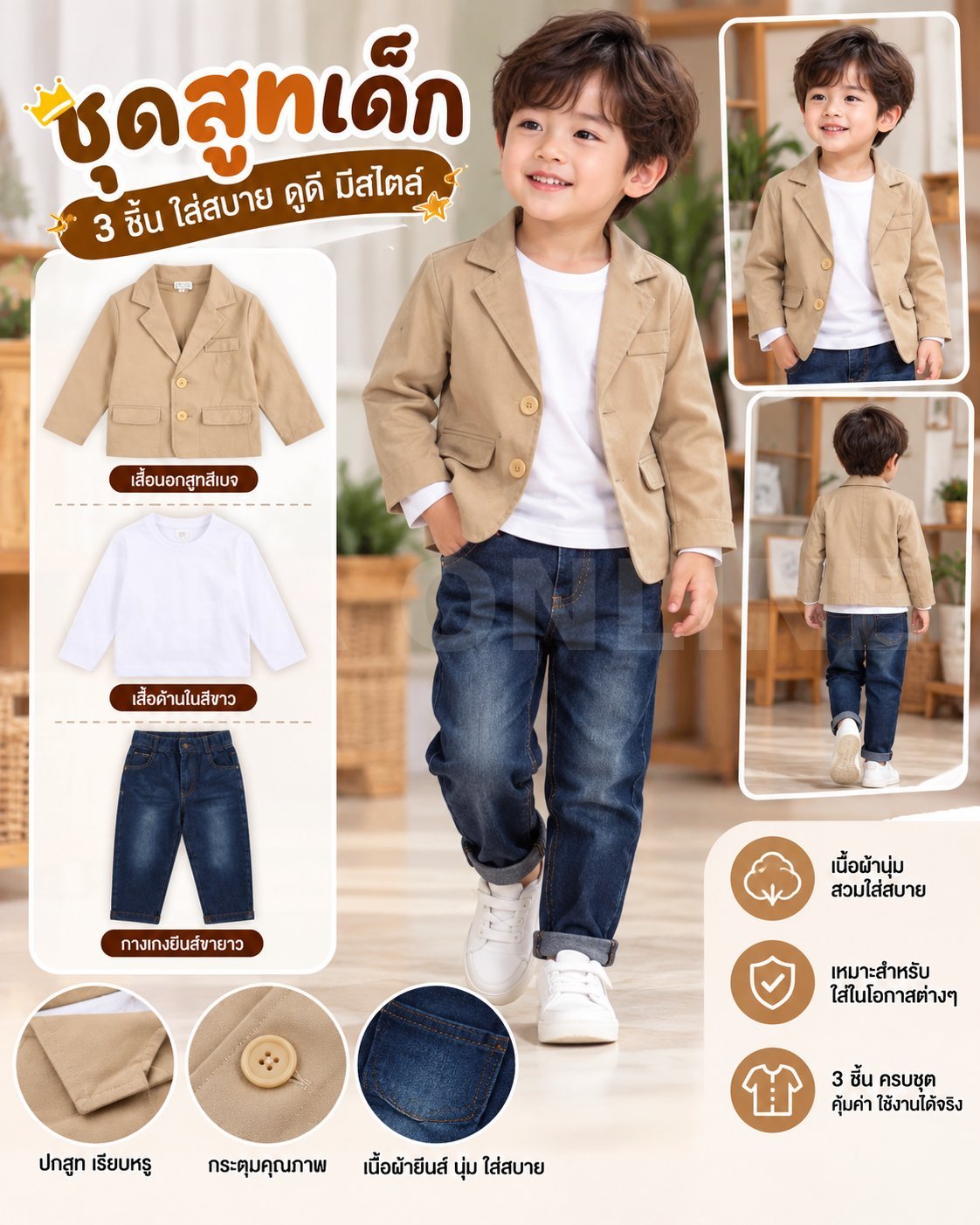 ชุดเซต 3 ชิ้น สูท+กางเกงยีน เด็ก 5ขวบ แบรนด์ Kids Tales