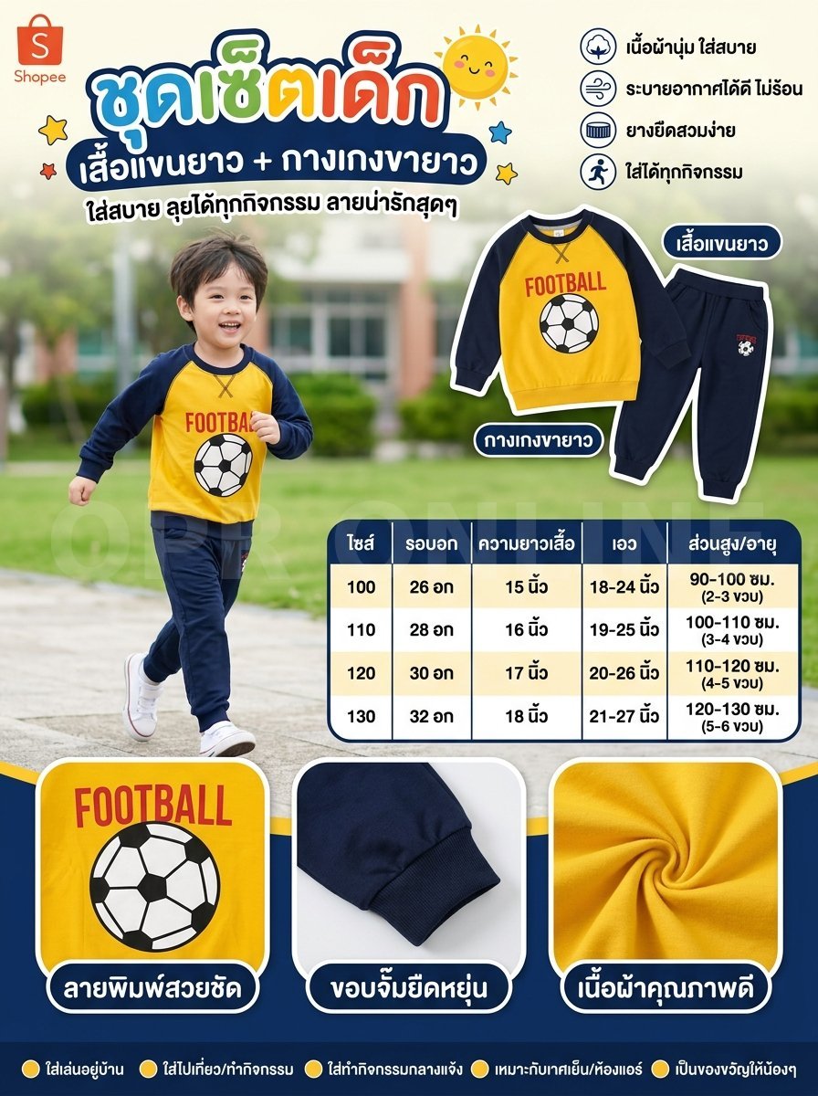 ชุดเสื้อขาวยาว ขายาว เหลือง+น้ำเงินเข้ม Size 120