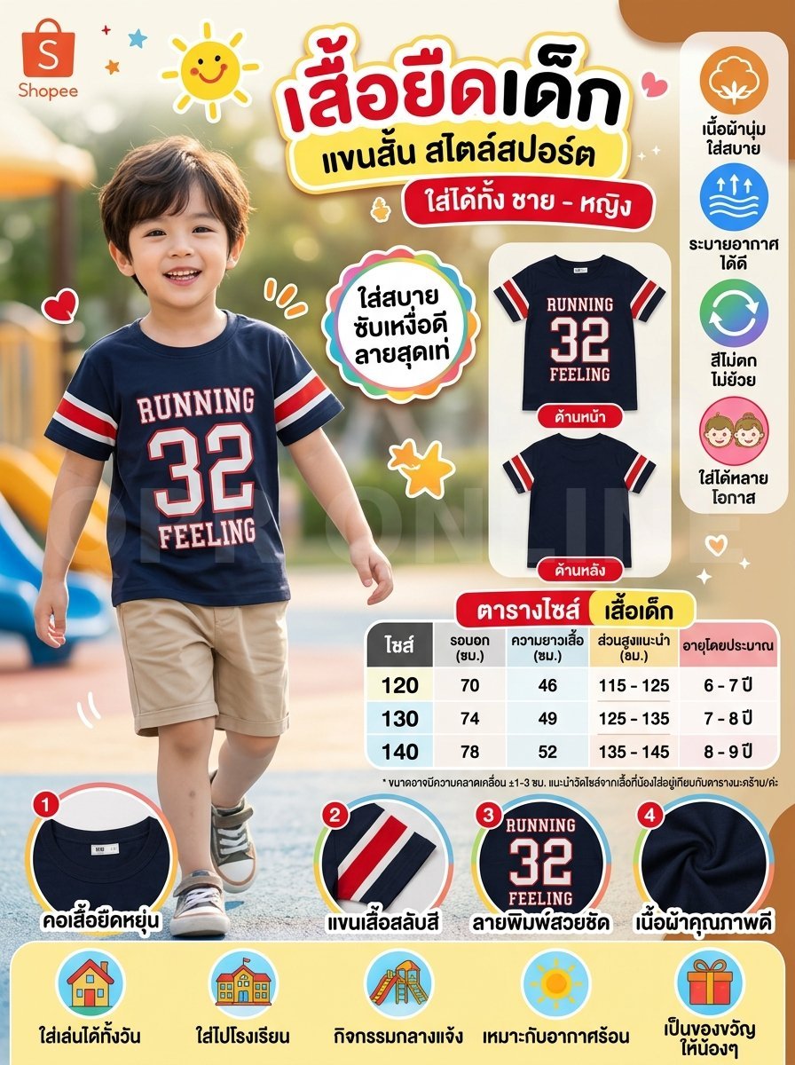 เสื้อยืดแขนสั้น เฉพาะเสื้อ Size 120