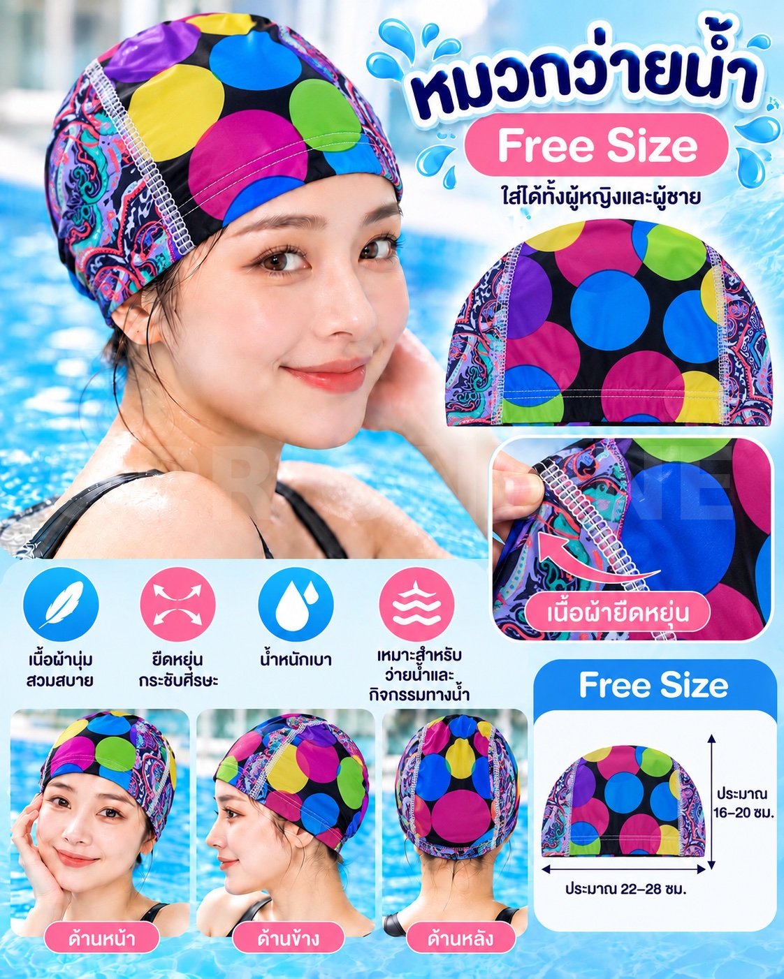 หมวกว่ายน้ำ Free size 🌼