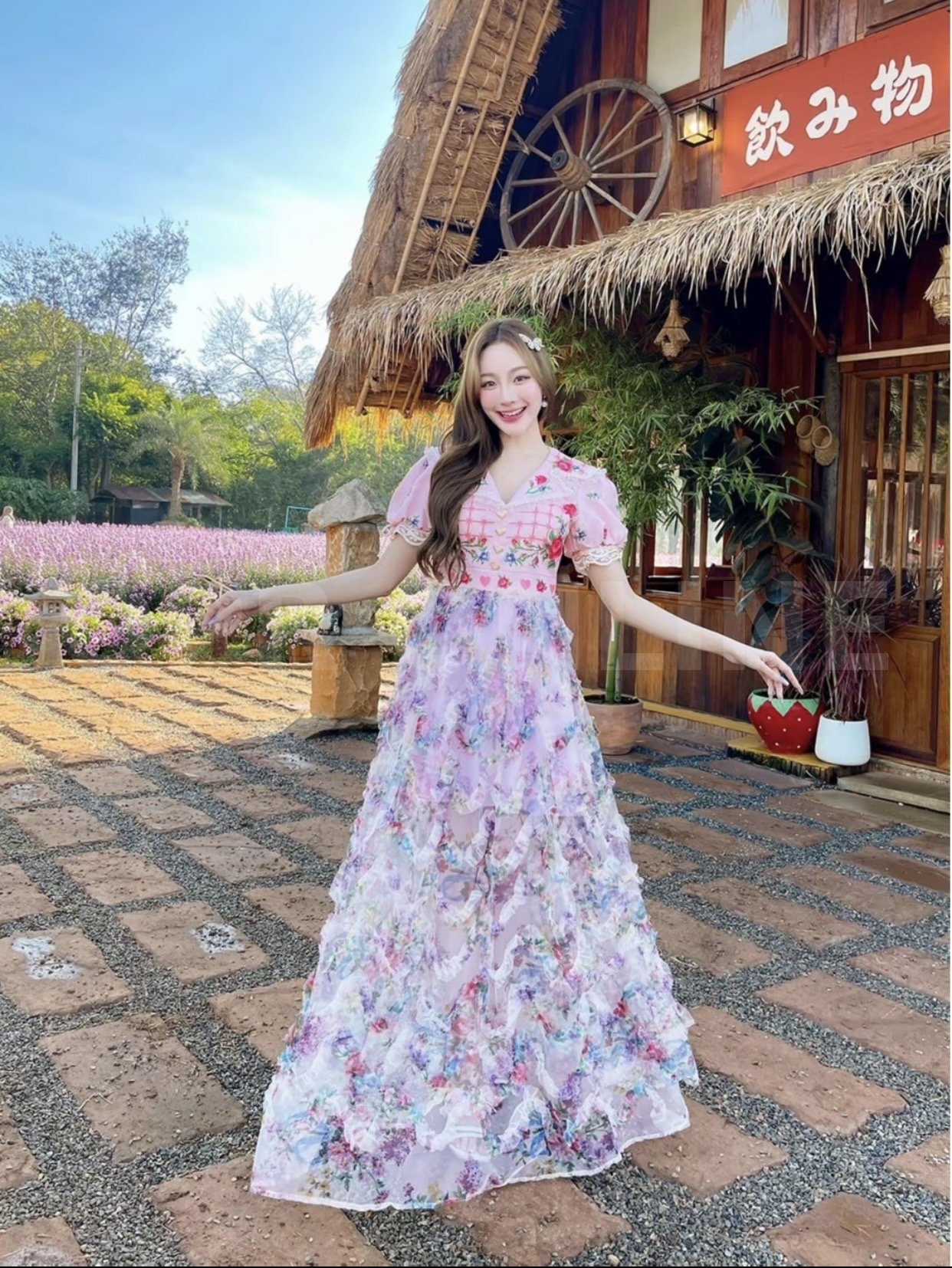 มี (S)Maria Diamond สชมพู Aim Jal Dress เดรดยาววินเทจผ้าไหมเกาหลี้และผ้าตาข่ายเนื้อนิ่ม พิมพ์ลาย texture ลายริ้ว เบาสบายมีซับใน ซิป หลัง ปกเชิ้ตขอบไข่มุก ยาว56 ซับในยาว 32 จุด5ข้าม