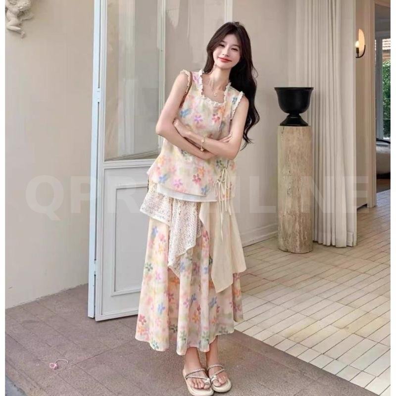 ชุดกระโปรง 2 ชิ้นลายดอกไม้หลากสีสไตล์หวานน่ารัก (โดพามีนลุค)  เที่ยวทะเล คาเฟ่ กระโปรงแบบต่อผ้า"  F สี้ออก 36  กระโปรงเอว 24 ยืด 30 สะโพก Fยาว 35