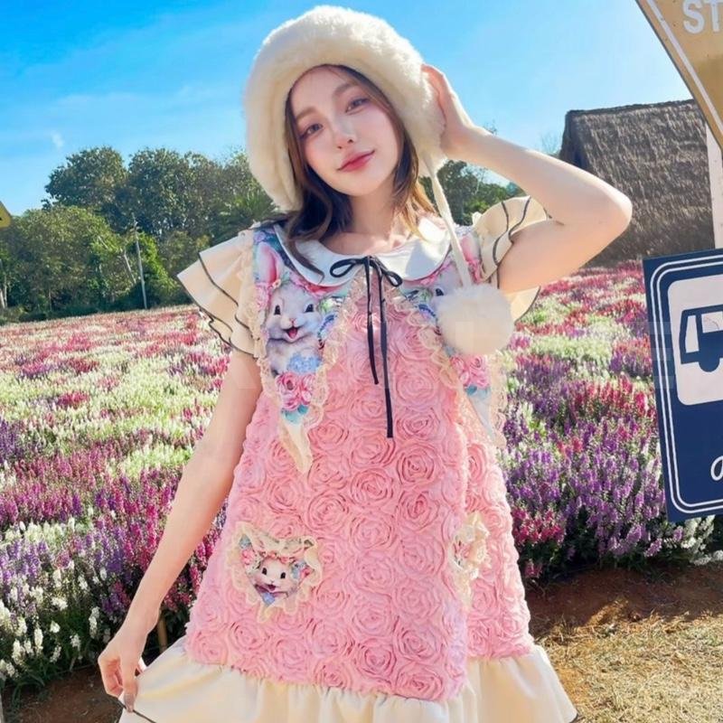 Maria Diamond สีชมพู Rabbit Primo Dress เดรสทรงปล่อยผ้ากุหลาบขน 3D สีชมพู พาลเทล แขนระบาย ปกแหลมพิมพ์ลาย ซิปหลัง มีซับใน /เดรสยาว33 /1นิวลงเดิม
