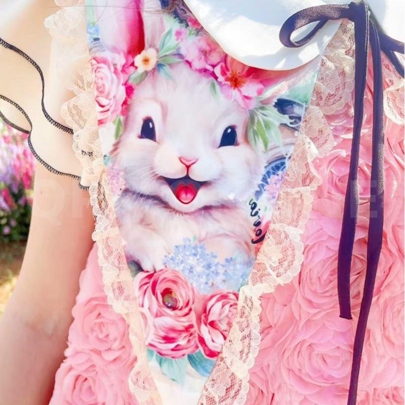 Maria Diamond สีชมพู Rabbit Primo Dress เดรสทรงปล่อยผ้ากุหลาบขน 3D สีชมพู พาลเทล แขนระบาย ปกแหลมพิมพ์ลาย ซิปหลัง มีซับใน /เดรสยาว33 /1นิวลงเดิม