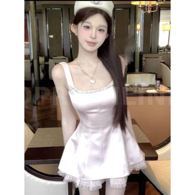 เดรสสั้นคุณหนู คอแต่งมถก นำเข้าสไตล์เกาหลี ซับในทั้งชุด
