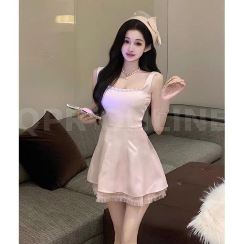 เดรสสั้นคุณหนู คอแต่งมถก นำเข้าสไตล์เกาหลี ซับในทั้งชุด