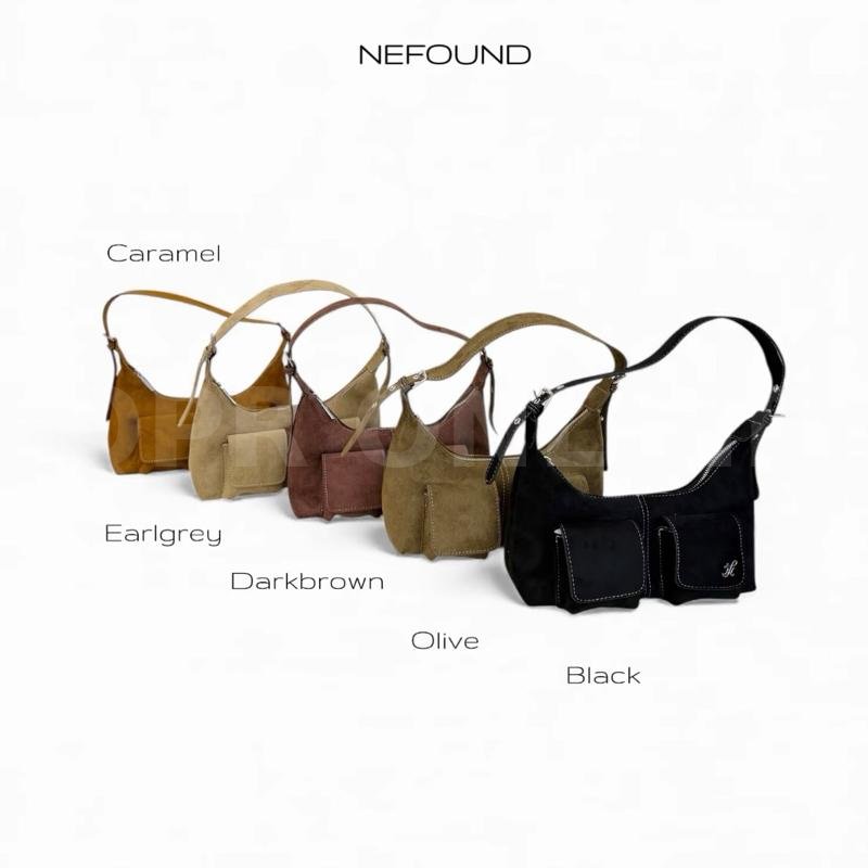 TopChoice | NEFOUND (NF25024) กระเป๋า  โฮโบรุ่น Rondie คาร์โก้หน้า หนังกลับ Premium — ดำ