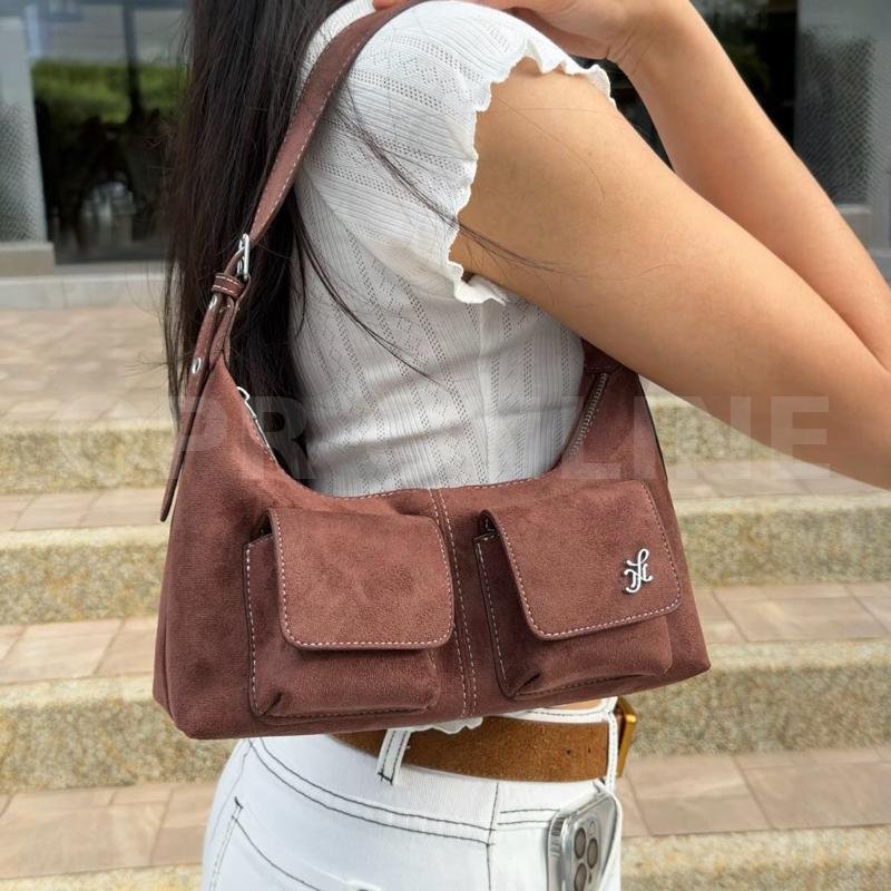 TopChoice | NEFOUND (NF25024) กระเป๋า  โฮโบรุ่น Rondie คาร์โก้หน้า หนังกลับ Premium — น้ำตาลช็อกโกแลต