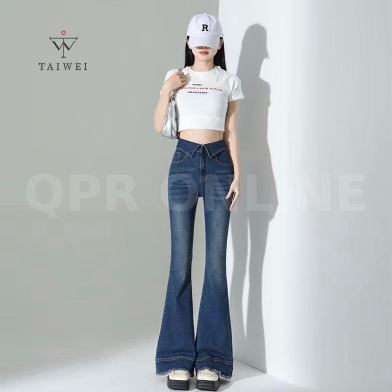 TAIWEI #8318 กางเกงขาม้า แต่งเอวพับ ขาม้าเอวสูง ผ้ายืด ปลายขาแต่งสวย กางเกงยีนส์ เอวพับขาม้า ไซส์ S-2XL — M 26-27 สพ 34-35 ยาว 39.5, กางเกงขาม้าสียีนส์ยืดสียีนส์เข้มปลายขาตัดแต่ง