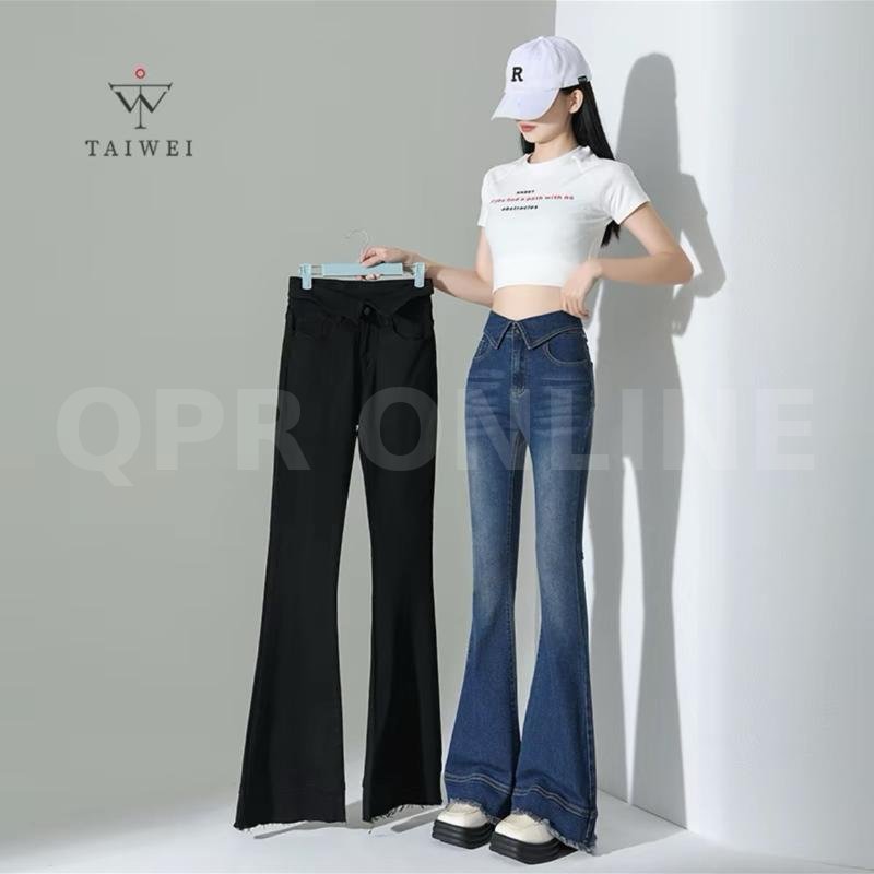 TAIWEI #8318 กางเกงขาม้า แต่งเอวพับ ขาม้าเอวสูง ผ้ายืด ปลายขาแต่งสวย กางเกงยีนส์ เอวพับขาม้า ไซส์ S-2XL — M 26-27 สพ 34-35 ยาว 39.5, กางเกงขาม้าสียีนส์ยืดสียีนส์เข้มปลายขาตัดแต่ง