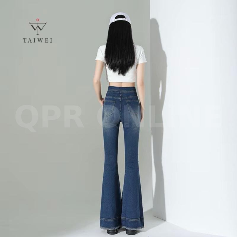 TAIWEI #8318 กางเกงขาม้า แต่งเอวพับ ขาม้าเอวสูง ผ้ายืด ปลายขาแต่งสวย กางเกงยีนส์ เอวพับขาม้า ไซส์ S-2XL — M 26-27 สพ 34-35 ยาว 39.5, กางเกงขาม้าสียีนส์ยืดสียีนส์เข้มปลายขาตัดแต่ง