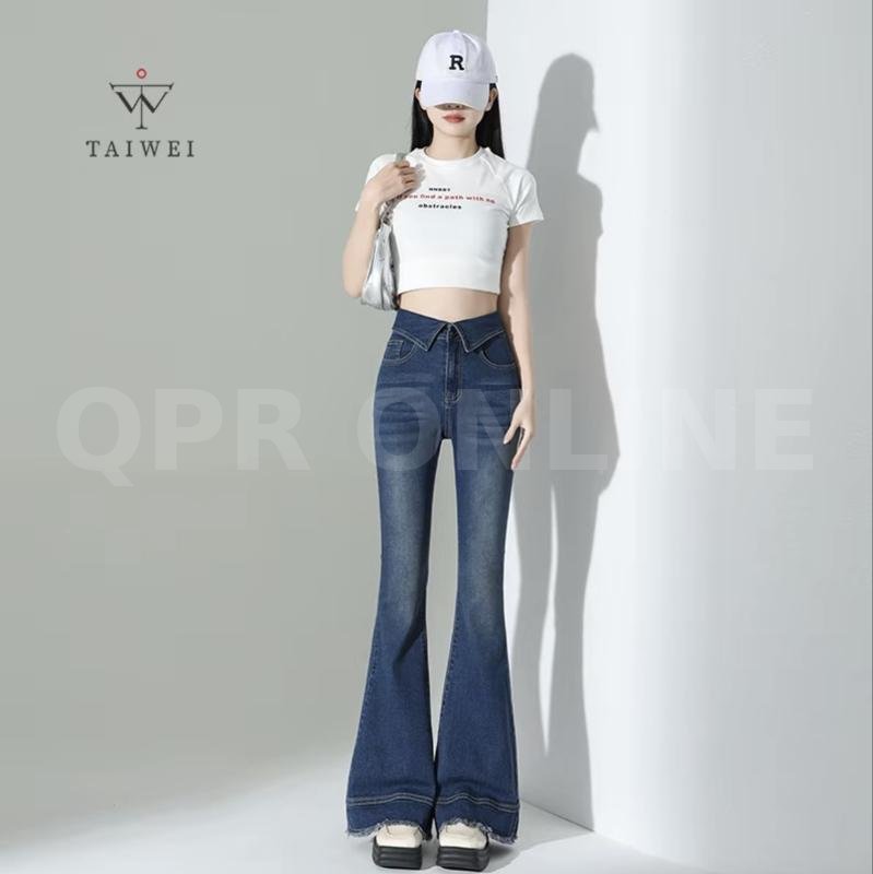 TAIWEI #8318 กางเกงขาม้า แต่งเอวพับ ขาม้าเอวสูง ผ้ายืด ปลายขาแต่งสวย กางเกงยีนส์ เอวพับขาม้า ไซส์ S-2XL — L 28-29 สพ 36-37 ยาว 40, กางเกงขาม้าสียีนส์ยืดสียีนส์เข้มปลายขาตัดแต่ง