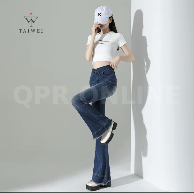 TAIWEI #8318 กางเกงขาม้า แต่งเอวพับ ขาม้าเอวสูง ผ้ายืด ปลายขาแต่งสวย กางเกงยีนส์ เอวพับขาม้า ไซส์ S-2XL — M 26-27 สพ 34-35 ยาว 39.5, กางเกงขาม้าสียีนส์ยืดสียีนส์เข้มปลายขาตัดแต่ง