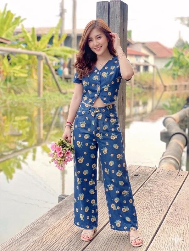 Jasmine ชุดเซท ยีนส์ลายดอกทานตะวัน ดีไซน์สีน้ำเงิน ลายดอกทานตะวัน สำหรับผู้หญิง