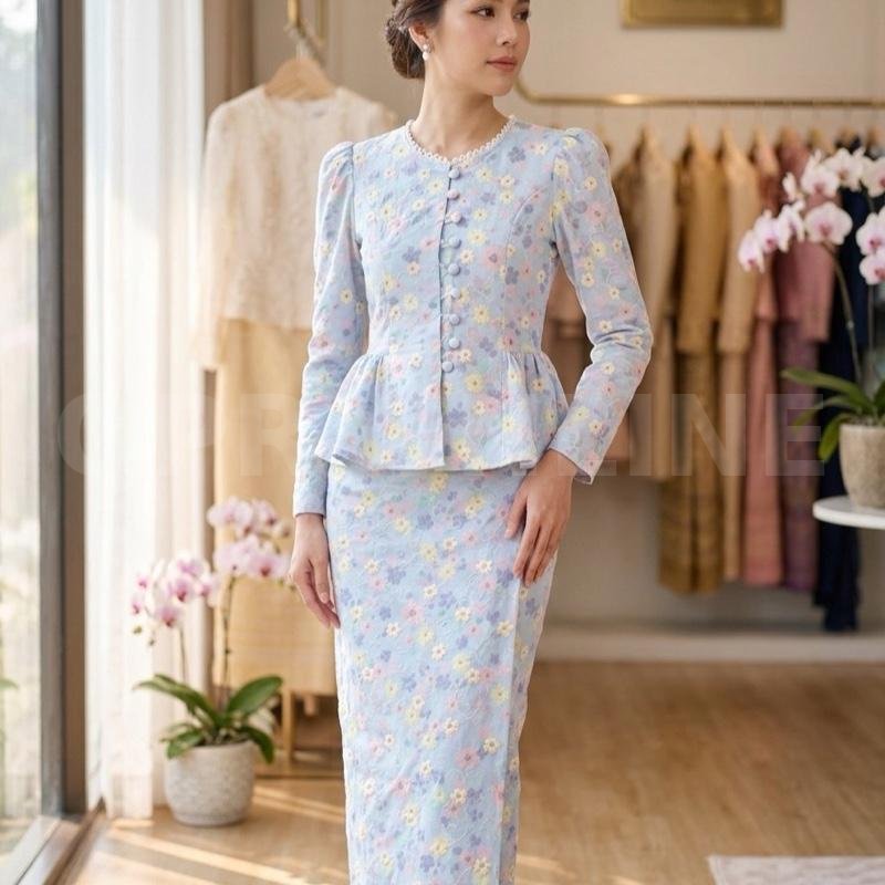 PASSION ชุด2ชิ้น เสื้อ+กระโปร่งผ้าฝ้ายแท้หรือผ้าคอตตอนปักฉลุลายผ้าฝ้าย (Cotton): เป็นที่นิยมมากสำหรับชุดพิมพ์ลายดอกไม้แนวพาสเทล เพราะสวมใส่สบาย
