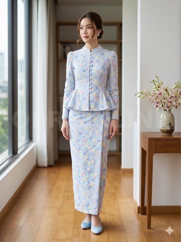 PASSION ชุด2ชิ้น เสื้อ+กระโปร่งผ้าฝ้ายแท้หรือผ้าคอตตอนปักฉลุลายผ้าฝ้าย (Cotton): เป็นที่นิยมมากสำหรับชุดพิมพ์ลายดอกไม้แนวพาสเทล เพราะสวมใส่สบาย