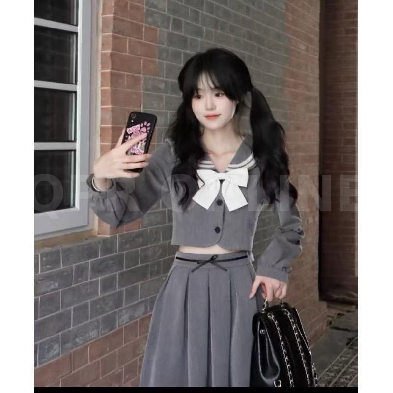 ชุดเซ็ทนำเข้าสไตล์เกาหลี เสื้อคอปก +กระโปรงยาว +โบร์ หน้าหลัง (พร้อมส่ง)